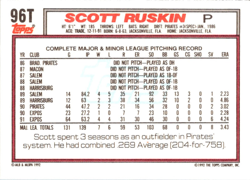 1992 Topps Traded Scott Ruskin