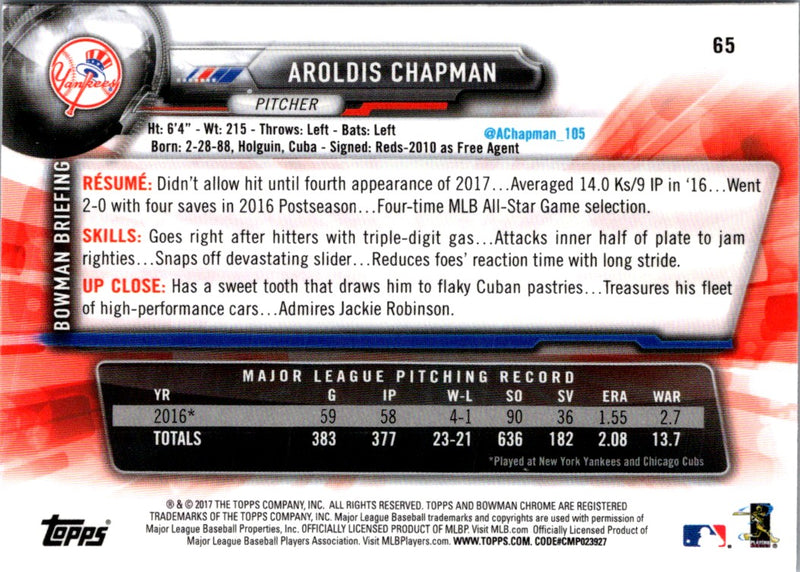 2017 Bowman Chrome Aroldis Chapman