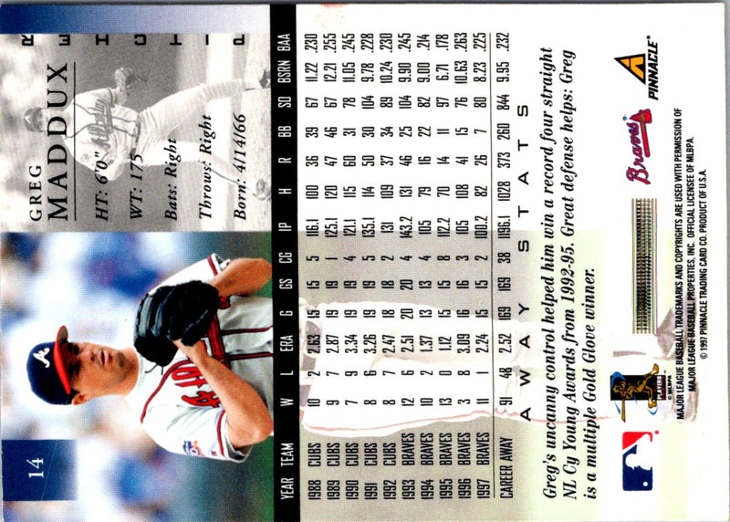1998 Pinnacle Stats Greg Maddux