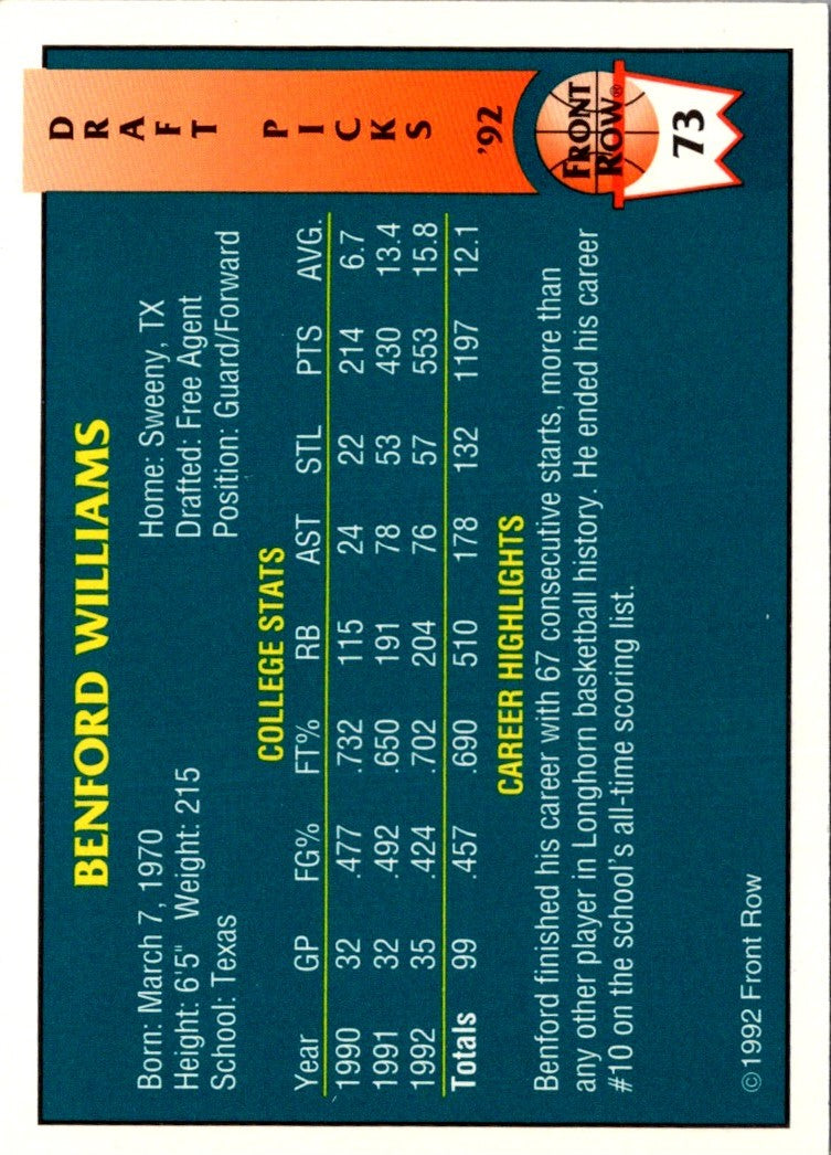 1992 Front Row Draft Picks Benford Williams
