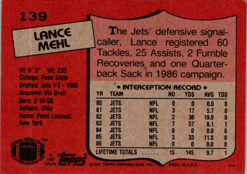 1987 Topps Lance Mehl