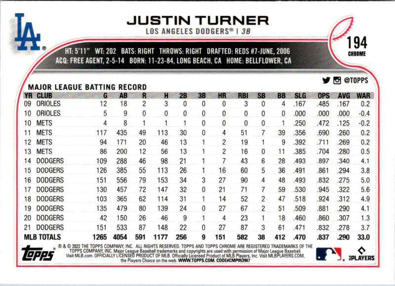 2022 Topps Chrome Justin Turner