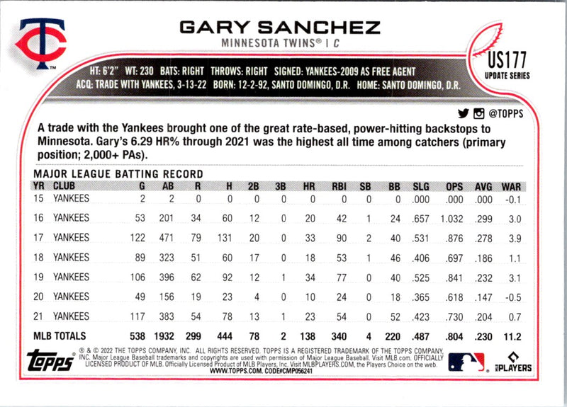 2022 Topps Update Gary Sanchez