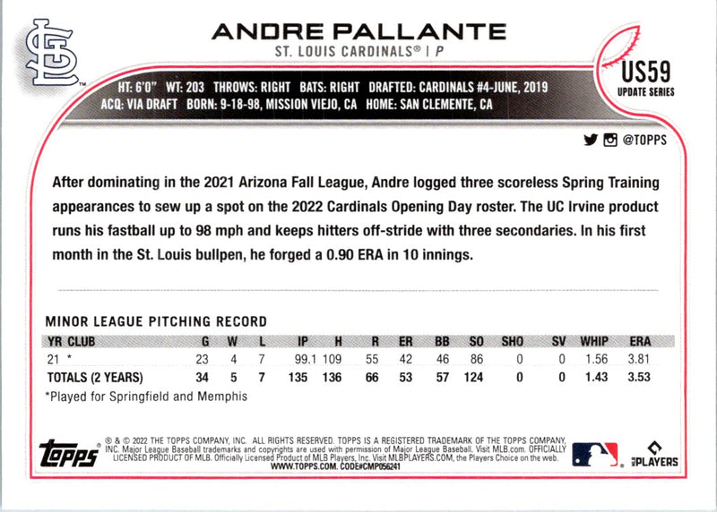 2022 Topps Update Andre Pallante