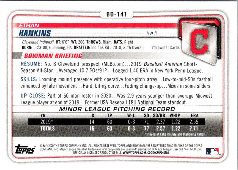 2020 Bowman Draft 1st Edition Ethan Hankins