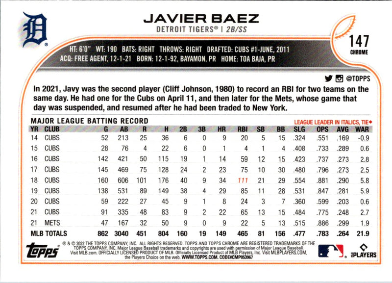 2022 Topps Chrome Javier Baez