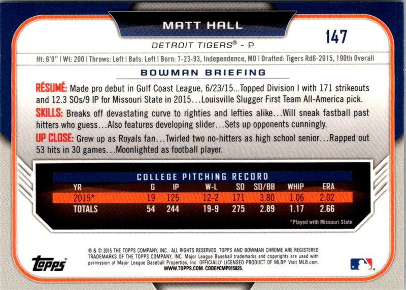 2015 Bowman Draft Picks & Prospects Chrome Matt Hall