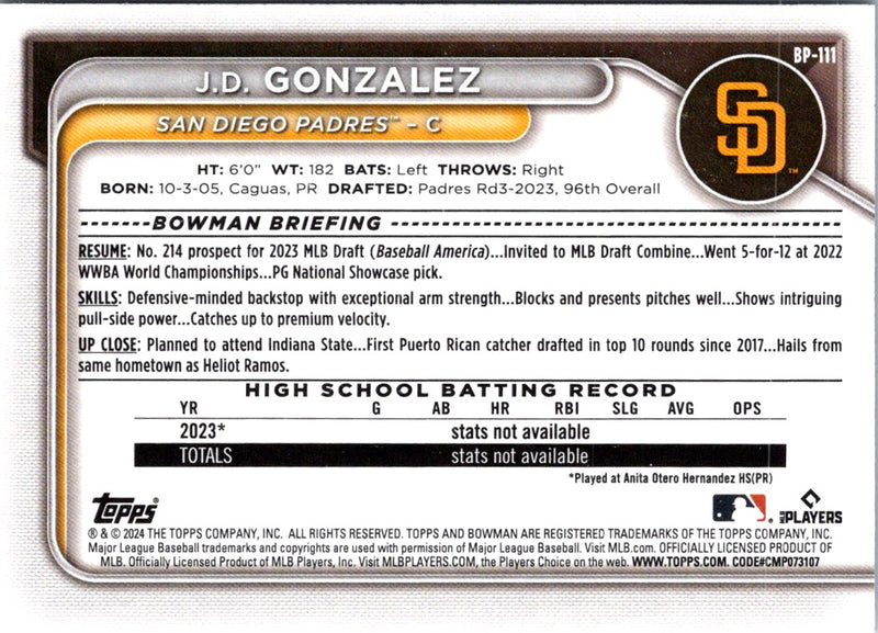 2024 Bowman Prospects J.D. Gonzalez