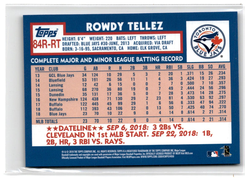 2019 Topps 1984 Baseball Rookie Blue Rowdy Tellez