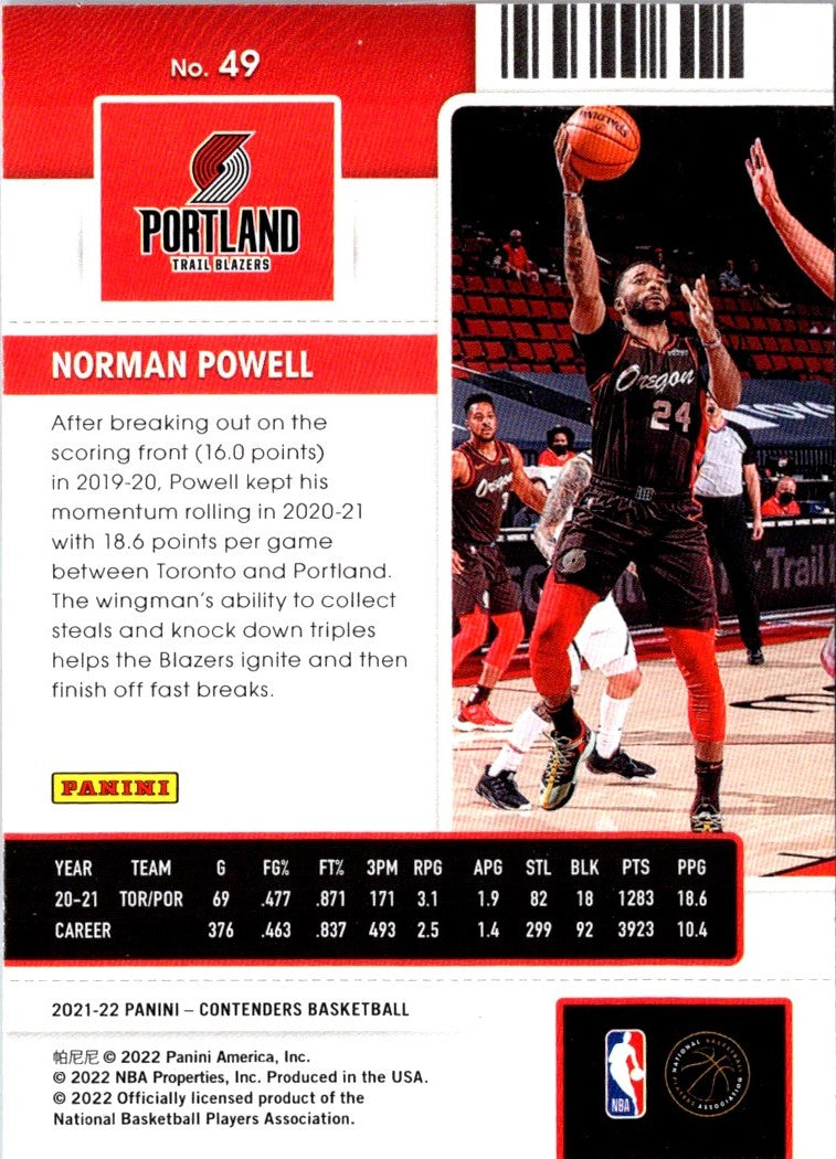 2021 Panini Contenders Game Ticket Red Norman Powell