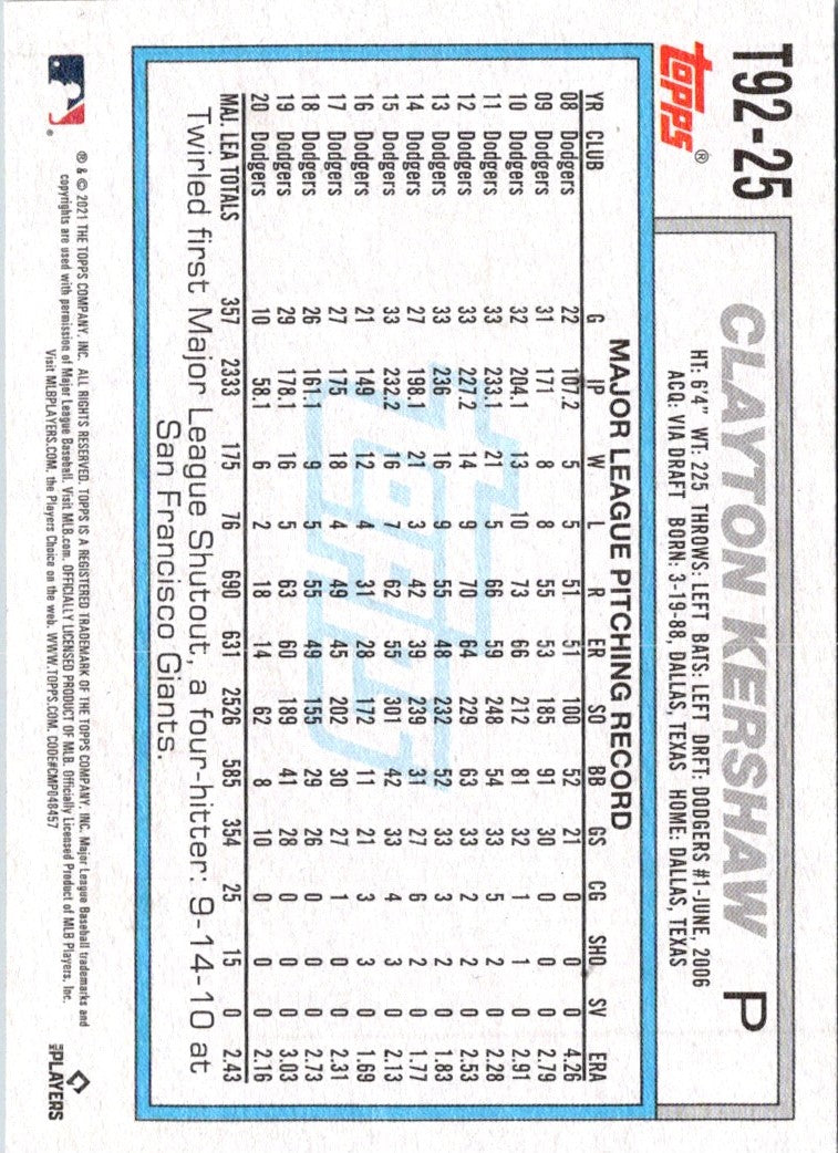 2021 Topps Update 1992 Redux Clayton Kershaw