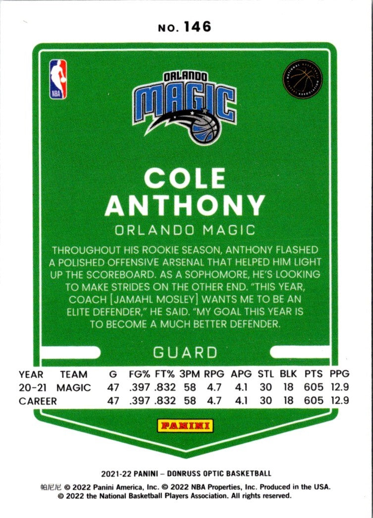 2021 Donruss Optic Blue Cole Anthony