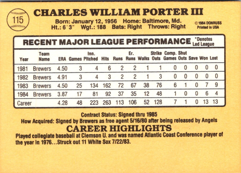 1985 Donruss Chuck Porter