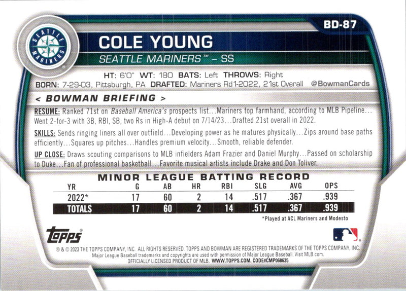 2023 Bowman Draft Cole Young