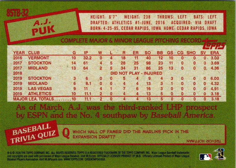 2020 Topps Update 1985 Baseball 35th Anniversary A.J. Puk