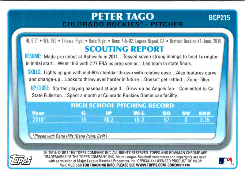 2011 Bowman Chrome Prospects Peter Tago