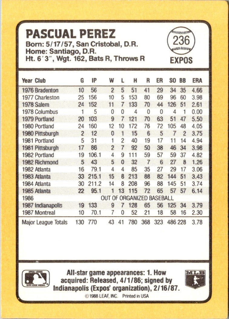 1988 Donruss Baseball's Best Pascual Perez