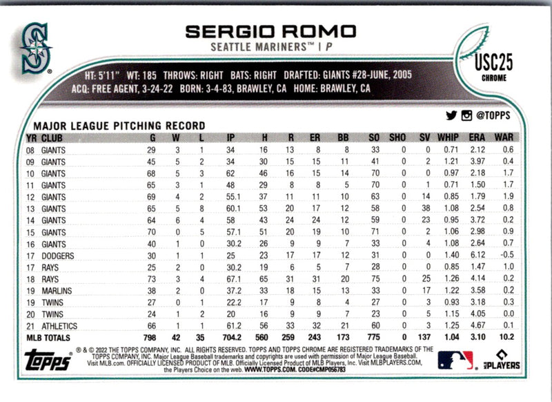 2022 Topps Chrome Update Purple Refractor Sergio Romo