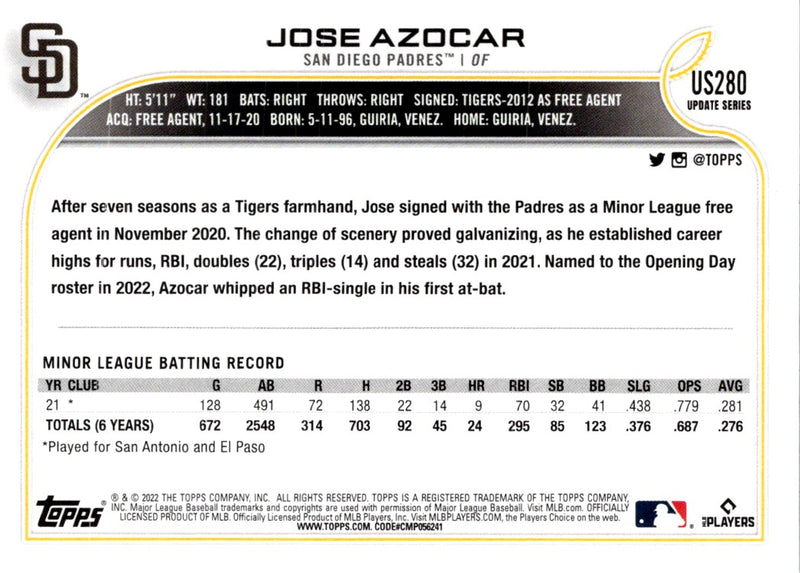 2022 Topps Update Jose Azocar