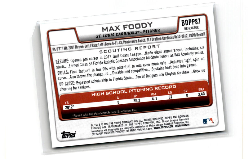 2012 Bowman Draft Picks & Prospects Chrome Max Foody