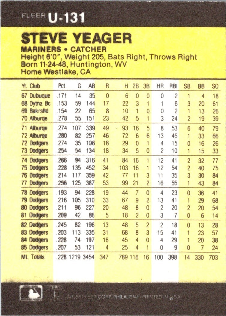 1986 Fleer Update Steve Yeager