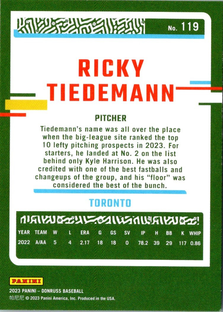 2023 Donruss Holo Blue Ricky Tiedemann