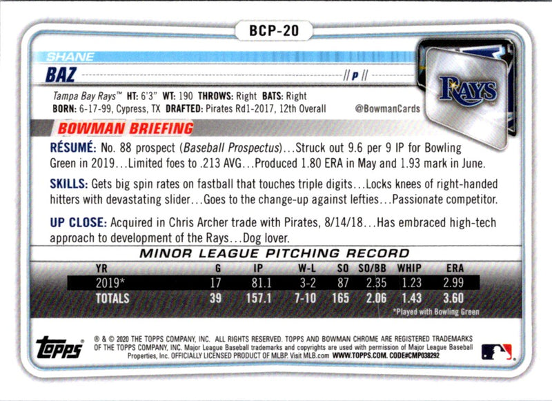 2020 Bowman Chrome Prospects Shane Baz