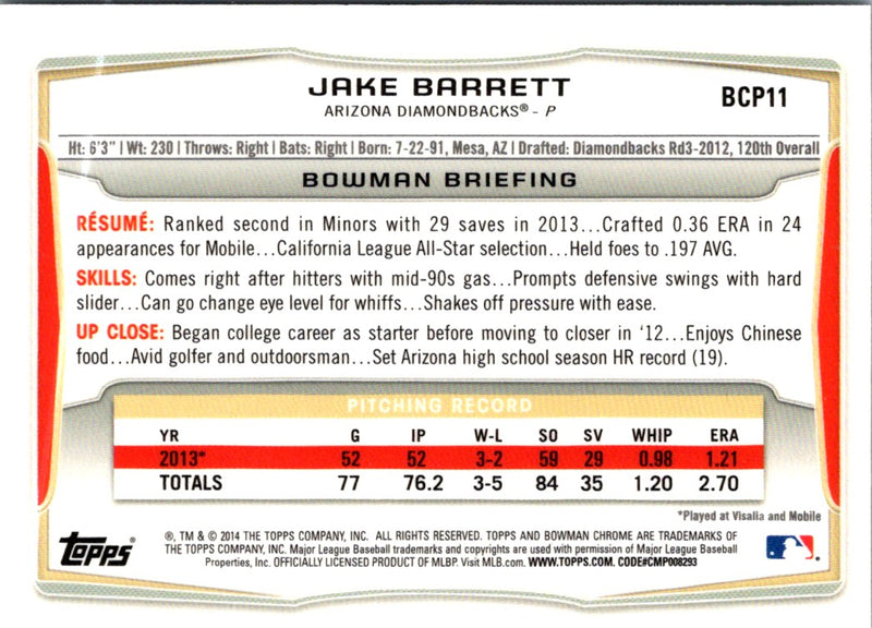 2014 Bowman Chrome Prospects Jake Barrett