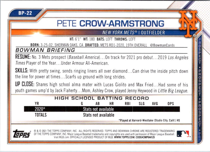 2021 Bowman Prospects Pete Crow-Armstrong