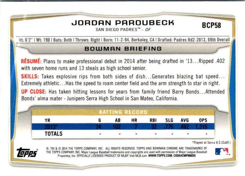 2014 Bowman Chrome Prospects Jordan Paroubeck