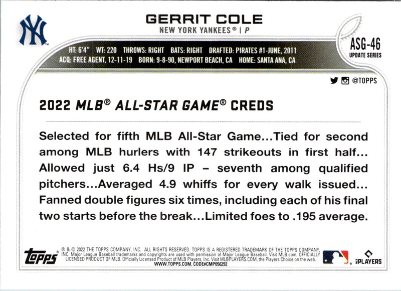 2022 Topps Update 2022 MLB All-Star Game Gerrit Cole