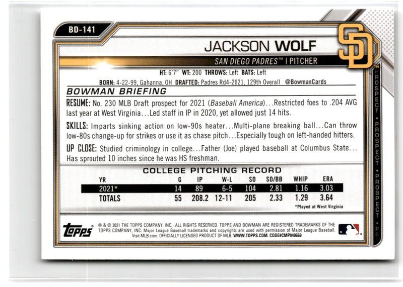 2021 Bowman Draft 1st Edition Jackson Wolf