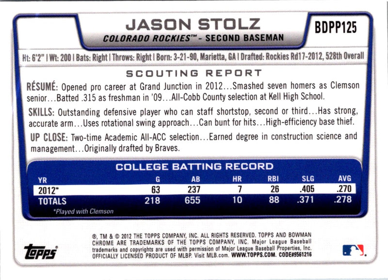 2012 Bowman Chrome Prospects Jason Stolz