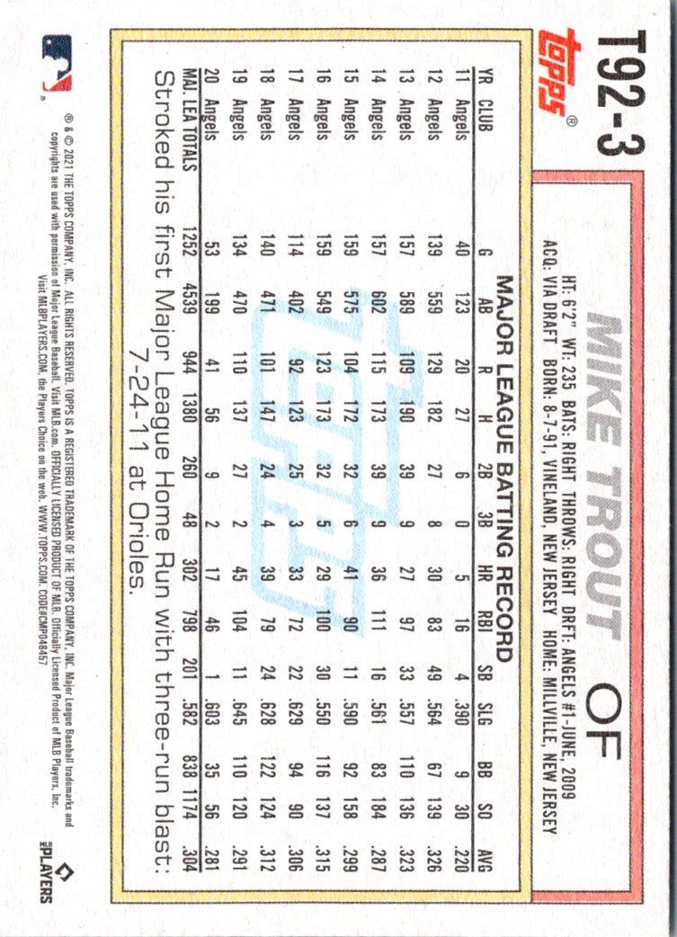 2021 Topps Update 1992 Redux Mike Trout