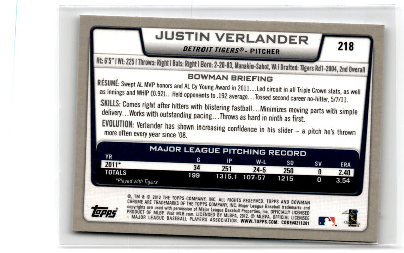 2012 Bowman Chrome Justin Verlander