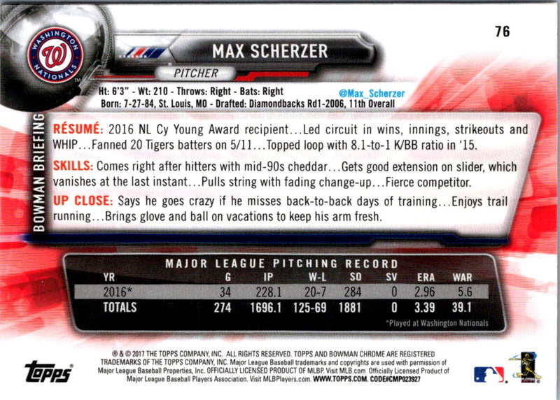 2017 Bowman Chrome Max Scherzer