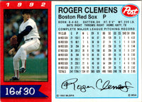 1992 Post Cereal Roger Clemens #16