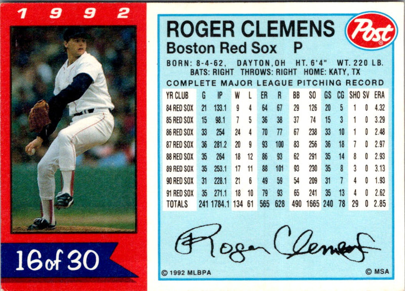 1992 Post Cereal Roger Clemens