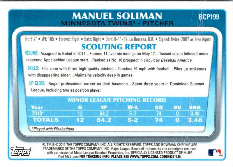 2011 Bowman Chrome Prospects Manuel Soliman