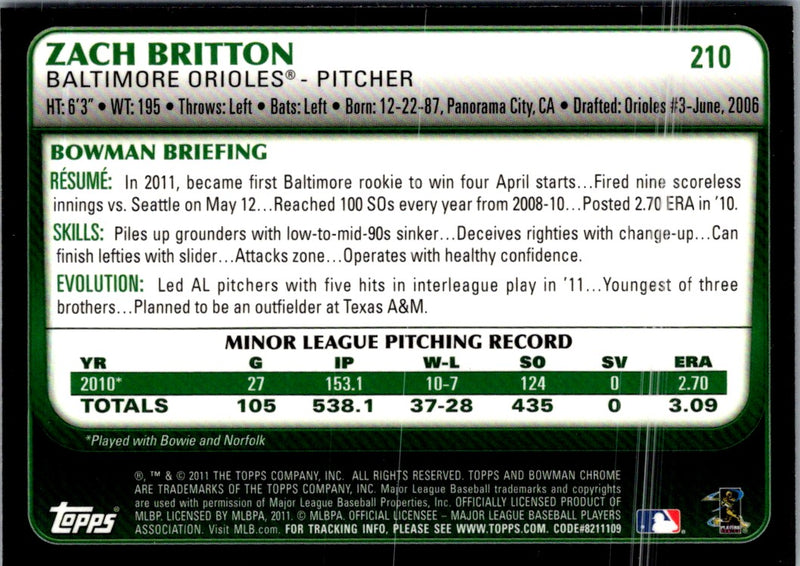 2011 Bowman Chrome Zach Britton