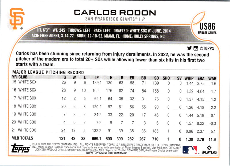 2022 Topps Update Carlos Rodon