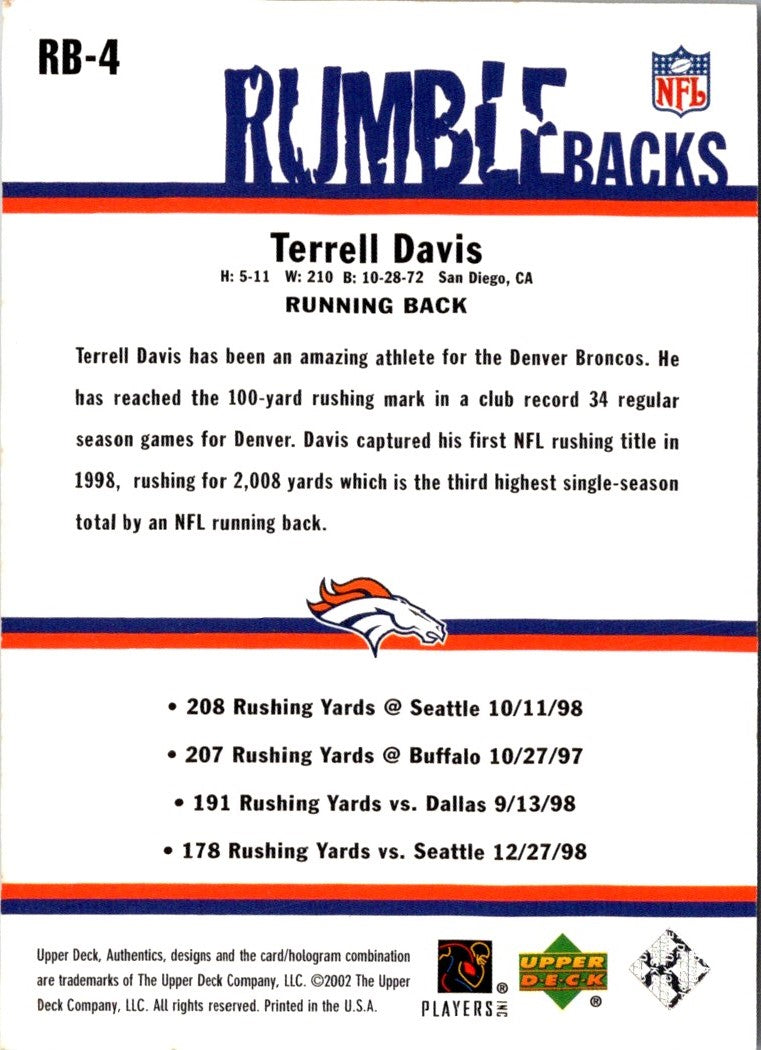 2002 UD Authentics Rumble Backs Terrell Davis