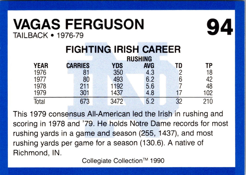 1990 Collegiate Collection Notre Dame Vagas Ferguson