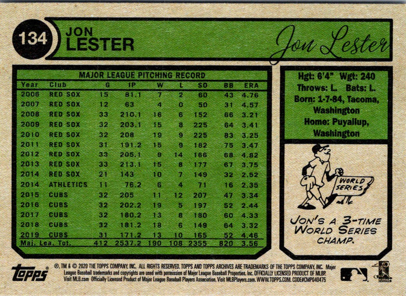 2020 Topps Archives Jon Lester