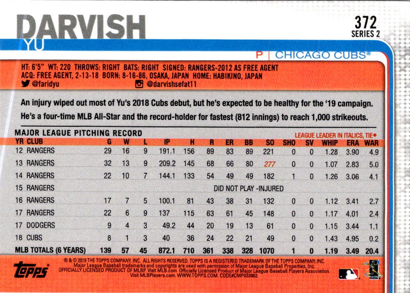 2019 Topps Yu Darvish