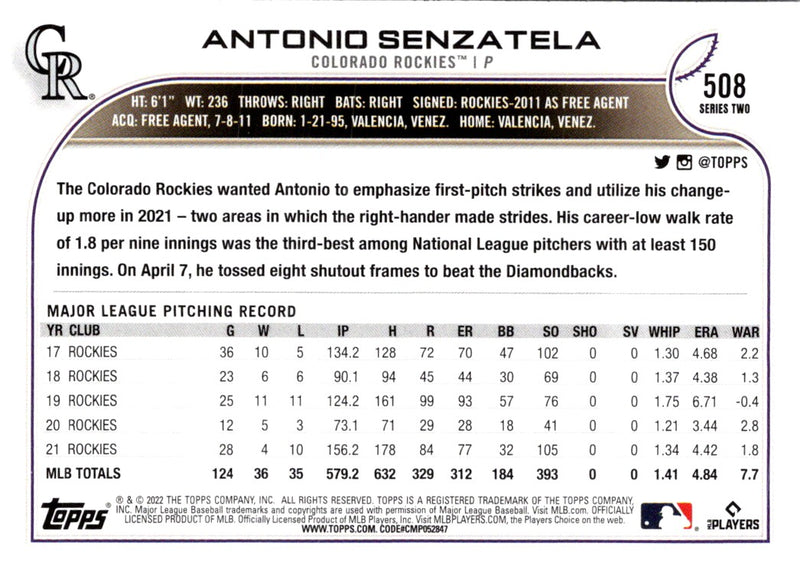 2022 Topps Antonio Senzatela