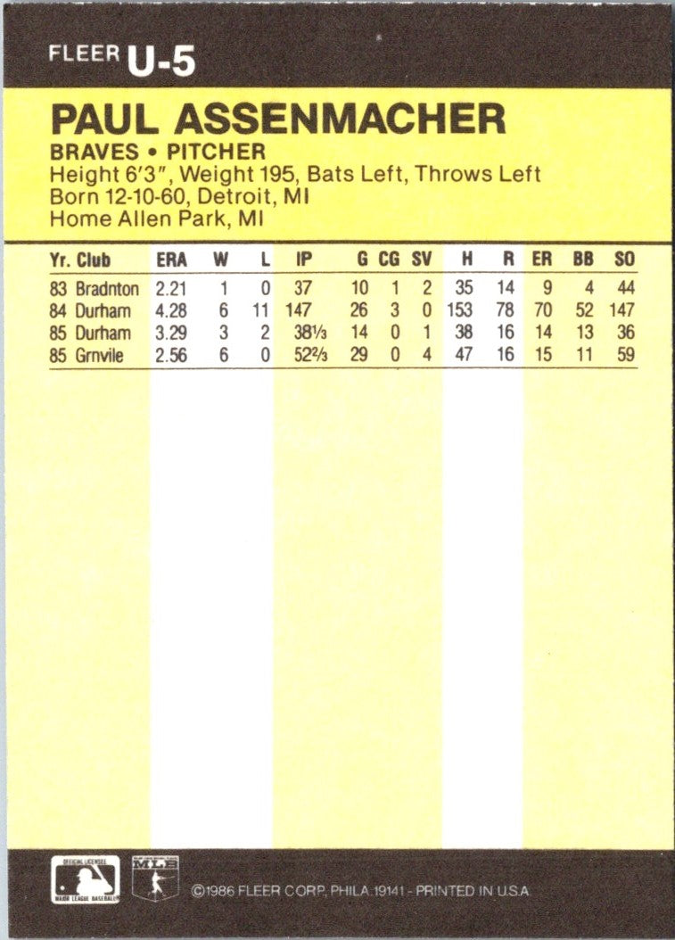 1986 Fleer Update Paul Assenmacher