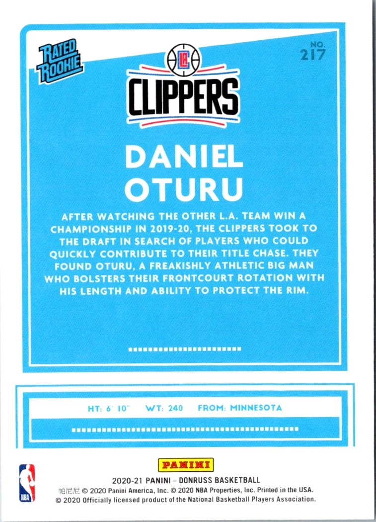 2020 Donruss Rated Rookies Daniel Oturu