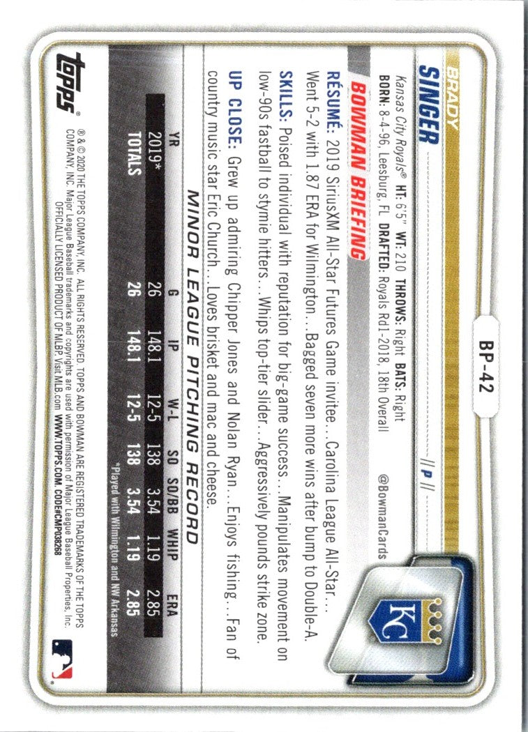 2020 Bowman Prospects Brady Singer