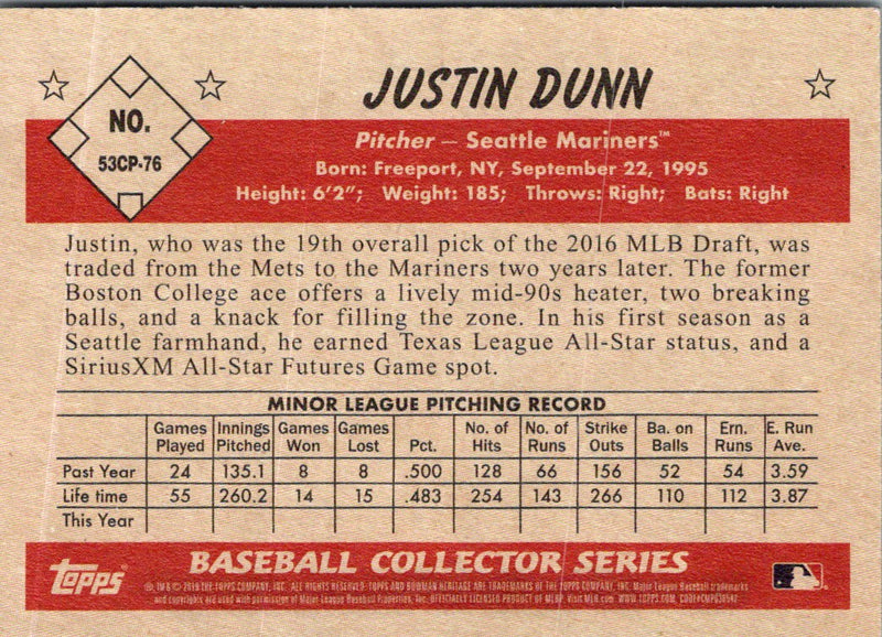 2019 Bowman Heritage Chrome Prospects Justin Dunn